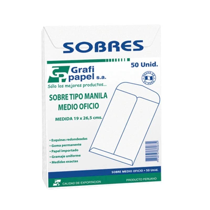 SOBRE BLANCO 90GR 1/2 OFICIO GRAFIPAPEL (PAQ X 50 UNID)
